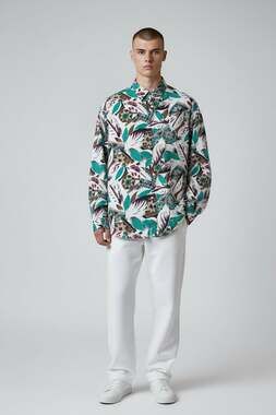 GiGio Oversized Floral Abstract Print Long Sleeve Button-Up Top in Teal Mix